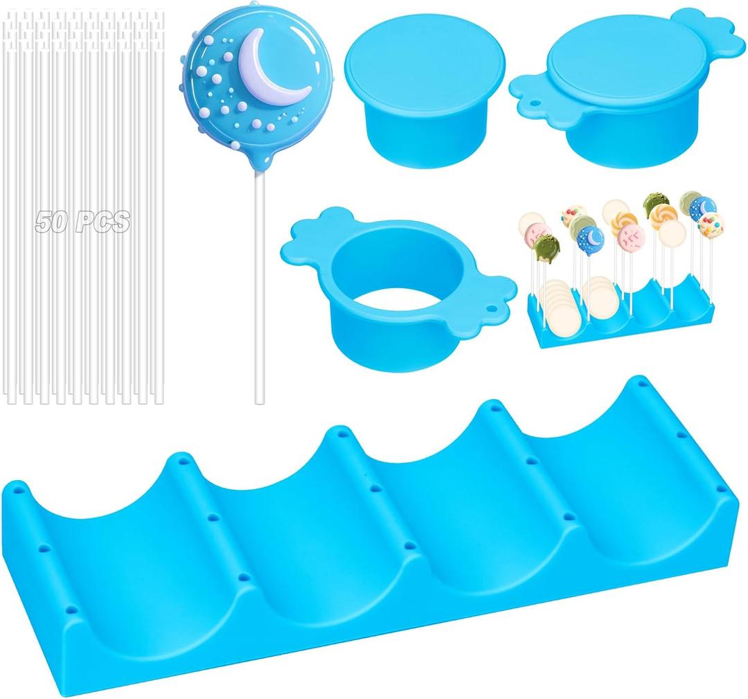 Silicone Cake Pop Mold Set, Round Cake Pop Cutter with Pusher, Tray and 50 Sticks, 15-Hole Cake Pop Holder, DIY Baking Molds Kit for Parties, Wedding, Home Desserts Making - Blue