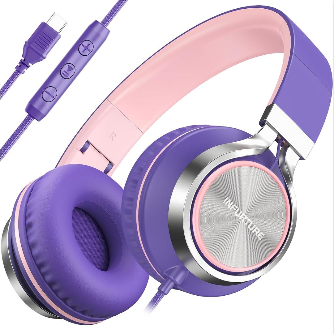 INFURTURE USB C Headphones with Mic,Volume Control,Tangle-Free Plaiting Line,Wired Headphones Type c,Lightweight Foldable for iPhone 17/16/15 Headphone Series/Tablet/School/Travel/Sports/Audiobooks (Pink-purple)