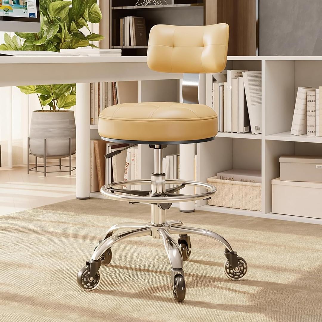 Office Drafting Chair with Footrest, Tall Height Adjustable Stool with Back Support, Heavy Duty Rolling Stool Chair with Wheels for Office Home Kitchen Bar Shop Guitar Studio Medical Vanity(Beige White)