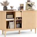 LINSY HOME Sideboard Buffet Cabinet with Storage, 55" Fluted Coffee Bar Cabinet with Tambour Sliding Doors and Drawer, Mid Century Modern Wood Storage Buffet Table for Kitchen, Living Room, Oak
