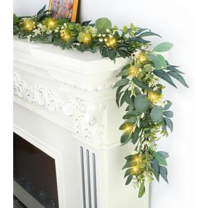 Artgar Eucalyptus Garland with Lights - 6 Ft Greenery Garland - Artificial Silver Dollar Olive Garlands, Spring/Summer Green Garlands for Indoor Outdoor Home Decor Wedding Arches Backdrops Table Decor