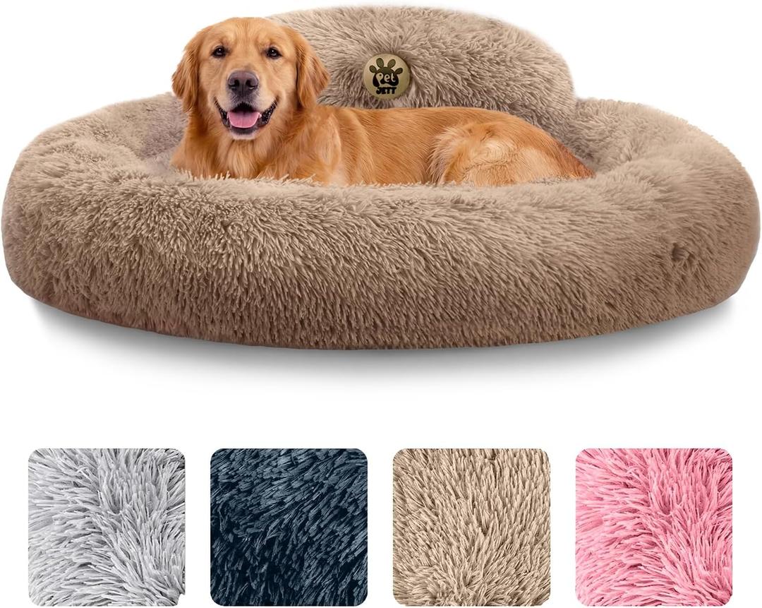 PetJett Large Dog Bed - 36'' Calming Donut Dog Beds, Anti-Slip & Washable Large Round Bed, Fluffy Faux Fur Pet Bed, Super Soft Anti-Anxiety Premium Comfort Bed, Fits Dogs up to 80 lbs - Beige