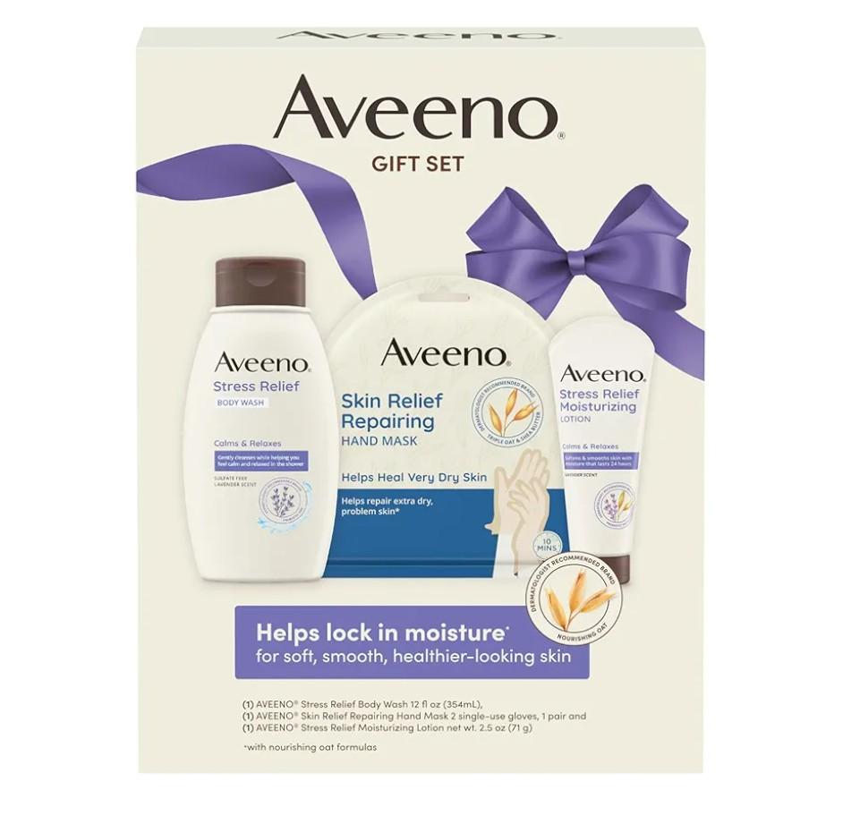 Aveeno Stress Relief Gift Set, Skincare Set for Sensitive Skin with Soothing Body Wash & Moisturizing Body Lotion, plus, Skin Relief Repairing Hand Masks for Very Dry Skin, 3 Items