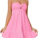 Womens Strapless Mini Dress Twist Knot Front Cut Out Babydoll Dress Smocked Backless Ruffle Hem Tube Dresses (Small, Pink)