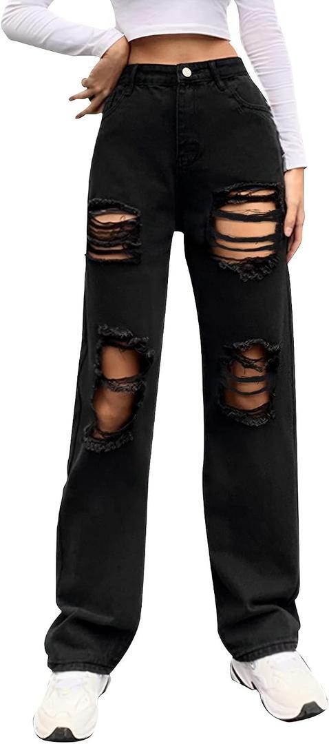 Genleck Women Loose Ripped Boyfriends Jeans High Waist Baggy Denim Pants Distressed Wide Leg Jeans Y2K (Black, XL)