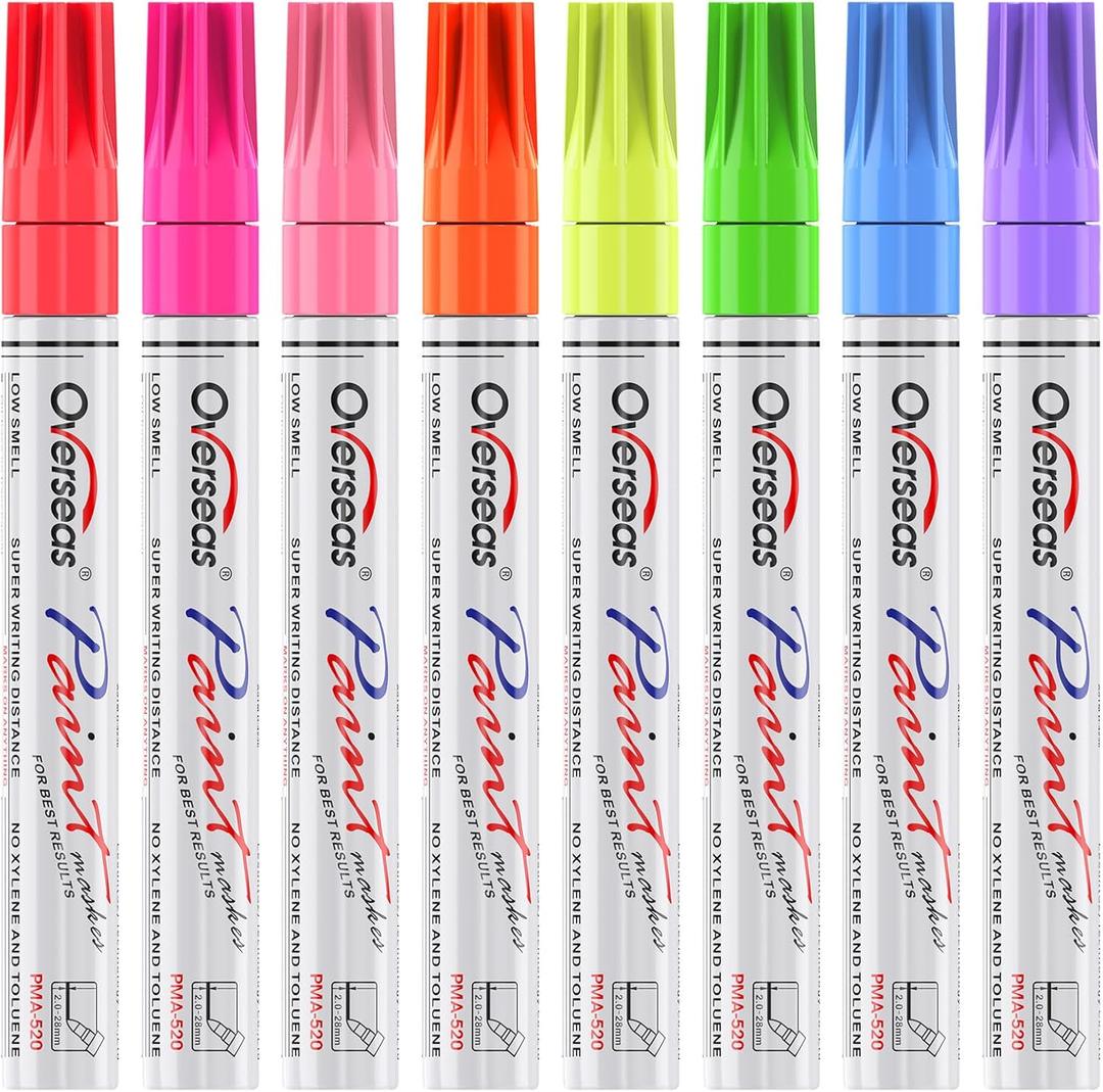 Overseas Neon Fluorescent Paint Marker Pens - 8 Colors Oil-Based Paint Markers, Medium Tip, Quick Drying and Waterproof Permanent UV Marker for Plastic, Glass, Rock, Wood, Canvas, Metal, Pumpkin
