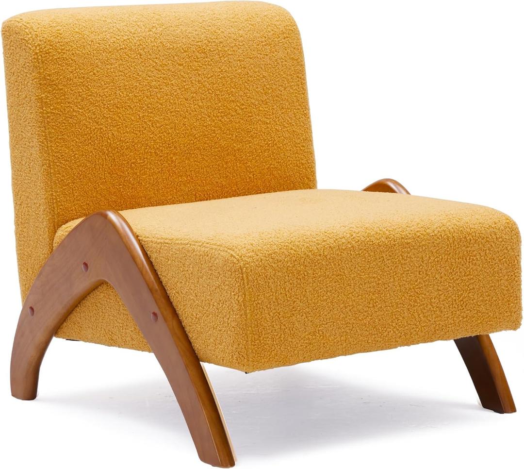 Oversized Accent Chair, Upholstered Armless Mid Century Modern Living Room Chair with Wooden Legs for Bedroom/Office/Cafe, Sherpa Yellow