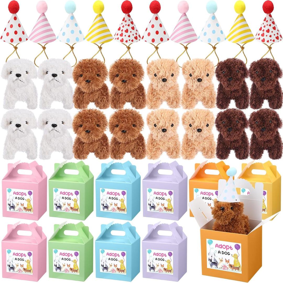 20 Pcs Mini Plush Dog Bulk 4 Inch Small Stuffed Puppy Set Include 20 Adopt a Pet Kraft Paper Boxes and 20 Cute Cone Hats Soft Dog Animals for Birthday Adopt a Puppy Favor Gifts
