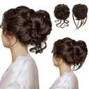 SARLA 2PCS Messy Bun Hair Pieces for Women Wavy Curly Synthetic Hairpieces for Updos with Tendrils Fake Scrunchies Ponytail Extension Dark Chocolate