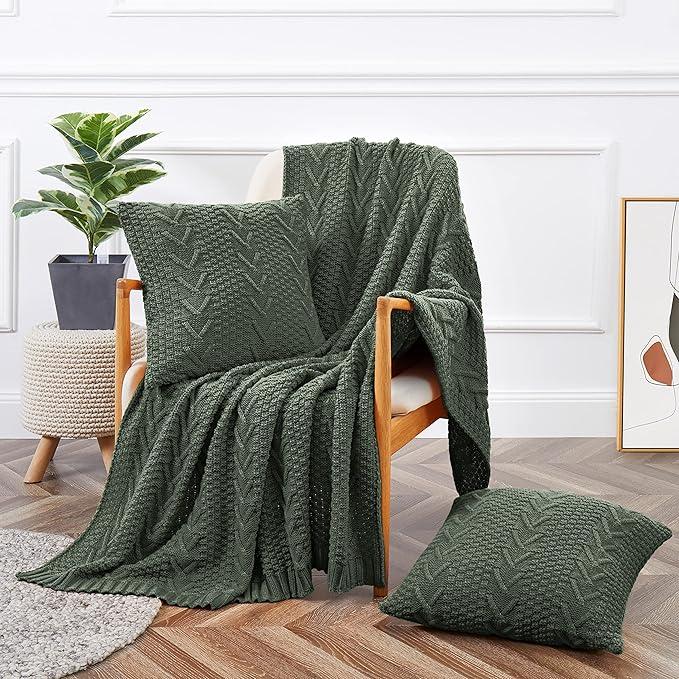 Aormenzy Knitted Throw Blanket (50" x 60") and 2 Pillow Covers (18" x 18"), 3 Piece Grayish Green Throw Blanket Set, Decorative Throw Blankets for Couch Sofa Bed Living Room