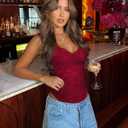 SAUNGKUAI Women V Neck Lace Bodysuit Sleeveless Tank Top Body Suit for Going Out (Red, M)