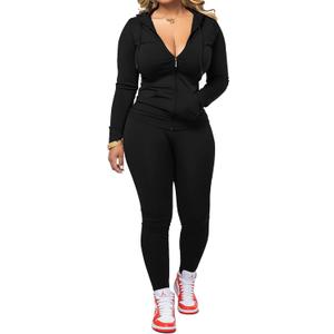 PINSV Women Two Piece Outfits Workout Sets Bodycon Tracksuit Long Sleeve Zip Up Hoodie Jacket Jogger Matching Sweat Pants Set (Large, Black)
