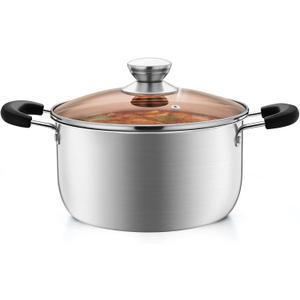 4 Quart Stock Pot with Lid, P&P CHEF Stainless Steel Cooking Pot Stockpot for Soup and Pasta, Heat-proof Handle & Glass Lid, Dishwasher Safe & Non Toxic