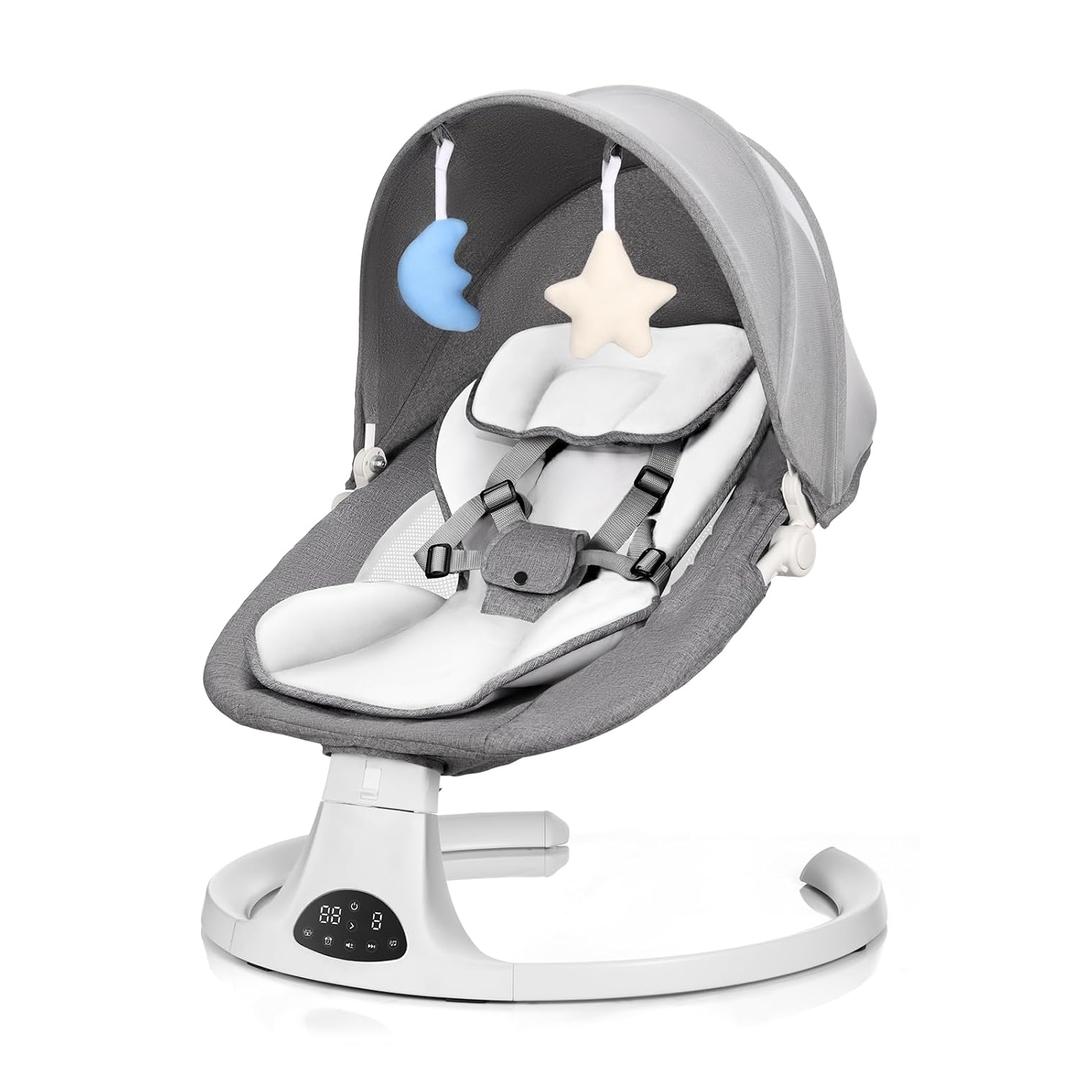 Baby Swing for Newborn to Toddler, 5 Speed Portable Infant Swing with Smart Touch Control, Remote Control, 10 Lullabies, Timer, 5 Point Harness and Soft Fabric (Grey)