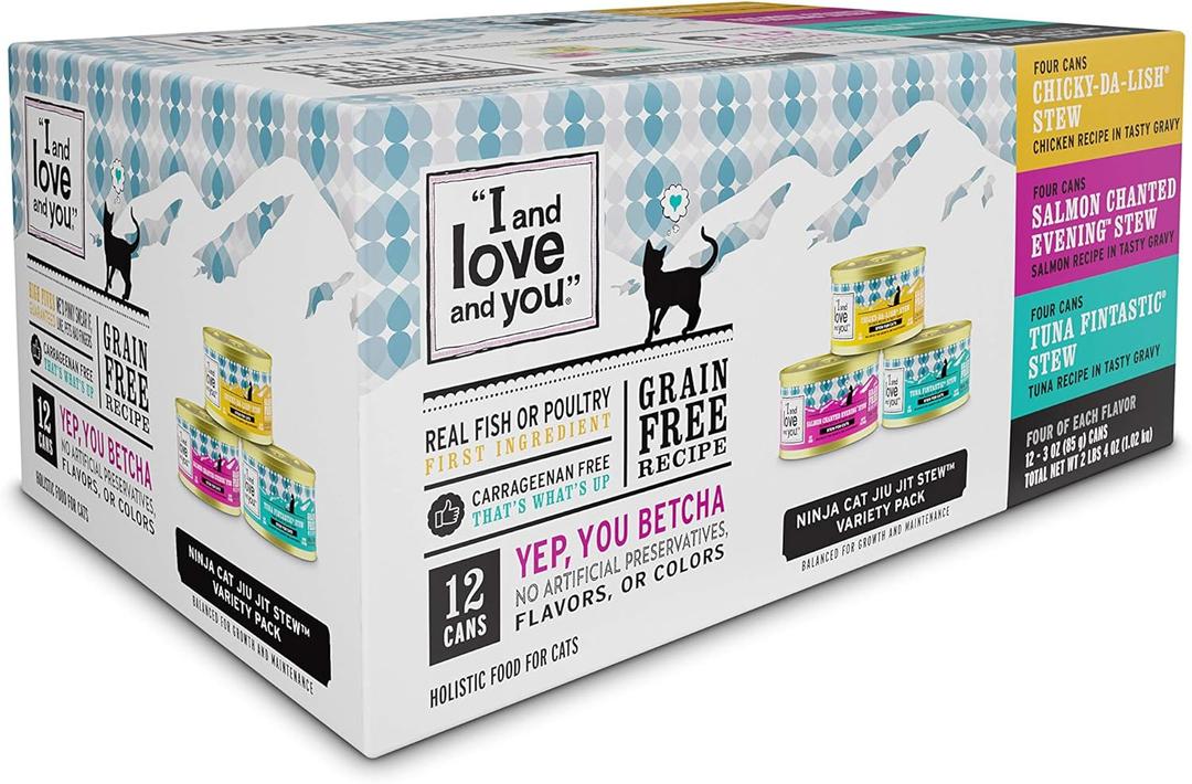 I and love and you Wet Cat Food - Ninja Cat Jiu Jit Stew Variety Pack - Chicken, Salmon, Tuna, Grain Free, Filler Free, 3oz Pack of 12 Cans (EXP 06/17/28)