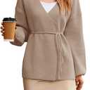 Saodimallsu Womens Wrap V Neck Cardigan Sweaters Tie Front Long Sleeve Soft Knit Dressy Work Fall Sweater Blazer (Small, Khaki)