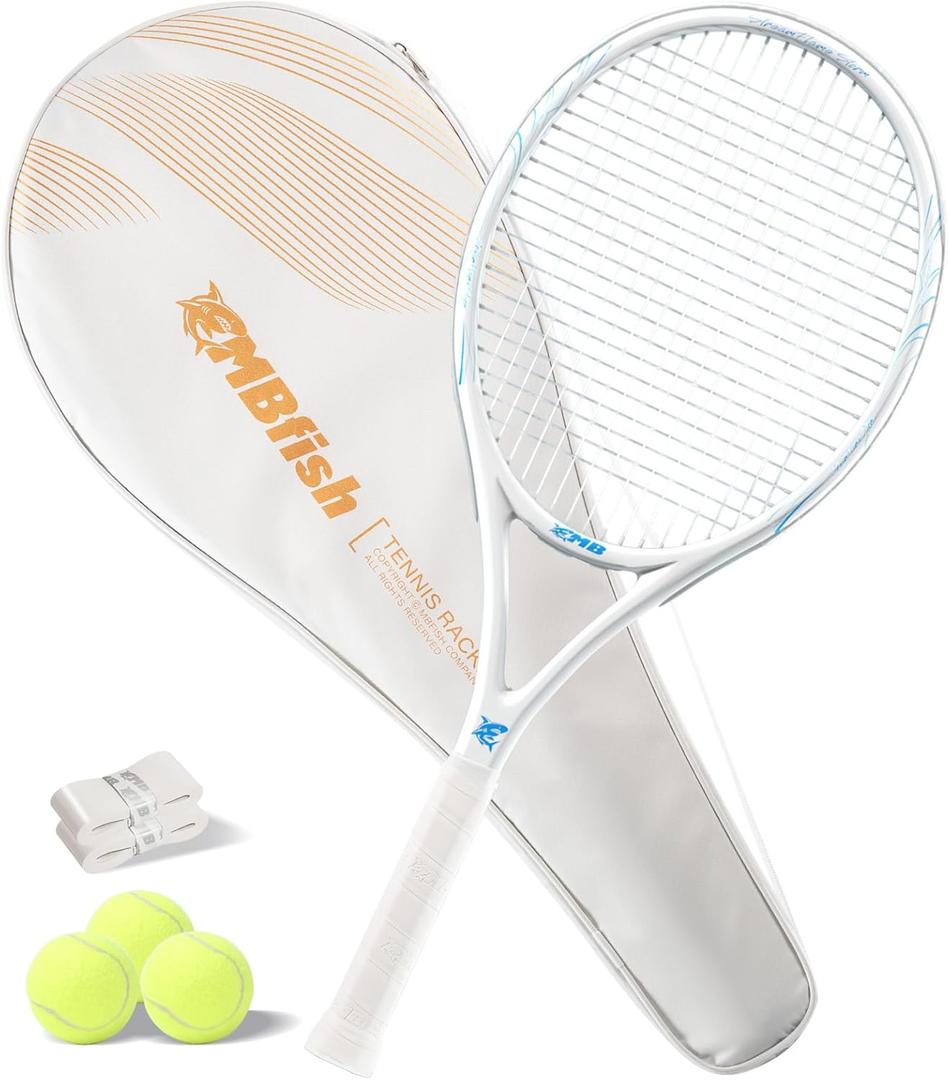 Tennis Racket - Super Value Set with Pre-Strung, Comfortable Handle, 27'' Tennis Racquet for Adults, Includes 3 Tennis Balls, 2 Overgrips and 1 Tennis Bag (Blue)