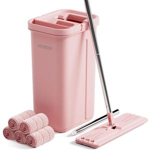 JOYMOOP Pink Mop and Bucket with Wringer Set for Home, with 5 Reusable Microfiber Mop Pads, Hands-Free Self-Cleaning System, Suitable for Floor Cleaning and Wall Cleaner