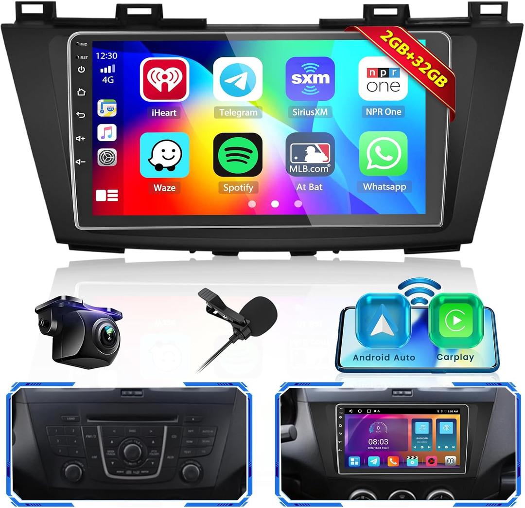 for Mazda 5 CW 2010-2015 Android Car Stereo 9" Touch Screen with Wireless Carplay Android Auto, Radio Dash Kit GPS Navigation WiFi Bluetooth SWC Mirror Link, Mic Backup Camera