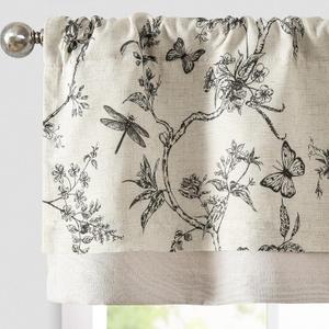 jinchan Floral Curtain Valance for Windows 16 Inch Linen Valance for Kitchen Living Room Rustic Cottage Farmhouse Flower Butterfly Curtain Rod Pocket 1 Panel Double Layer Blackout Black on Beige