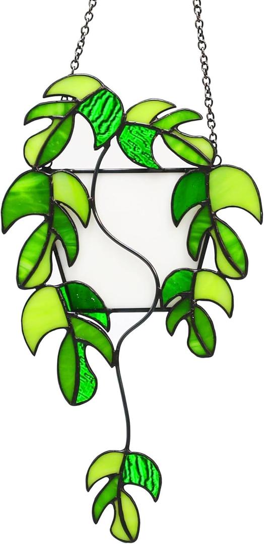 Monstera Stained Glass Window Hanging Green Plant Suncatcher, Handcrafted Real Stained Glass Sun Catcher Window Wall Decor for Home Indoor Outdoor, Plant Lover Gifts
