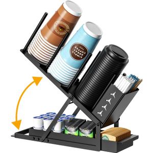 Cup and Lid Holder with Straw Organizer Coffee Station Organizer, Metal Cup Dispenser 5 Compartment Coffee Cup Holder for Coffee Bar Accessories, Disposable Paper Cups, Plastic Cups, Lids