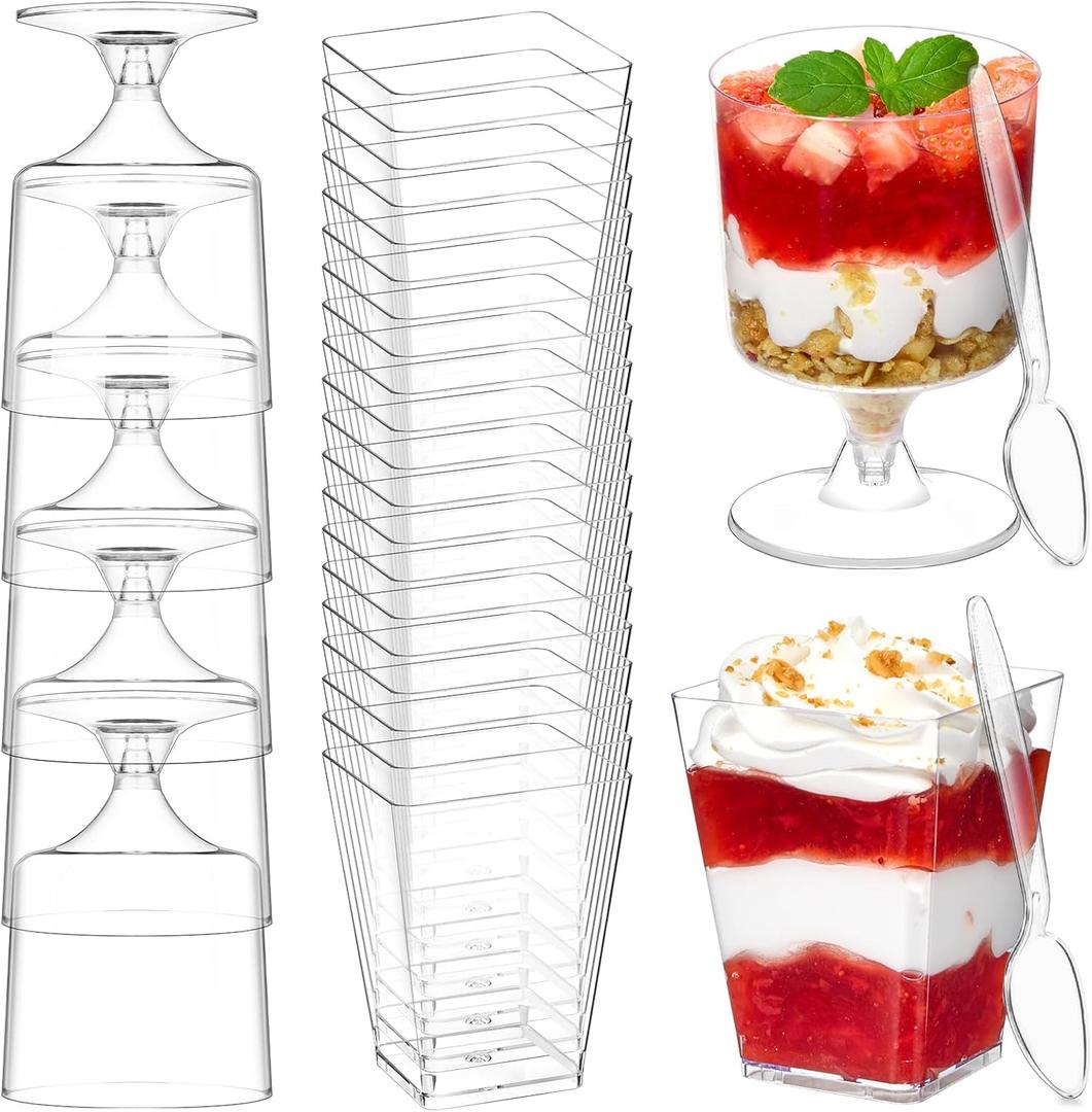 100 Pack Square and Goblet Plastic Dessert Cups with Spoons, Mini Parfait Cups Dessert Shooter Cups for Party Serving Banana Pudding, Yogurt, Fruit, Jello, Appetizer (5 oz)