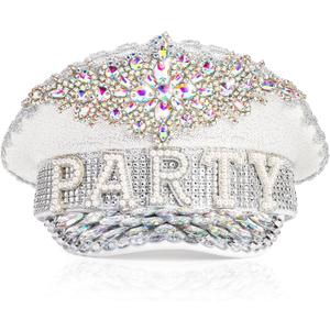 WRINGKIT Rhinestone Captain Hat, Sparkle Party Cap with Pearls, Glitter Bride Hat Crowns with Letter, Disco Hat for Christmas Bachelorette Party Wedding Decorations