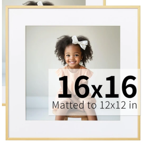 ZLG Gold 16x16 Poster Frame, Premium 16x16 Metal Frame Matted to 12x12, 16x16 Picture Frame, Tempered Glass, Wall Hook Included