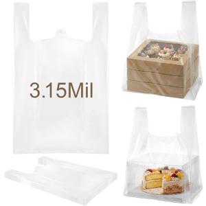 50 Pcs 3.15 Mil Large Plastic Take out Bags with Handles Heavy Duty Clear Shopping Bag Widened Grocery Bags for Pizza Bakery Cake Box (13.8"x10"x23.5")