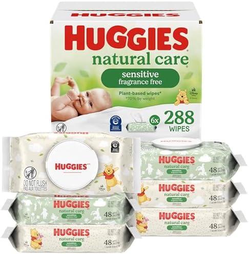 Huggies Natural Care Sensitive Baby Wipes, Unscented, 6 Packs, 288 Wipes | Fragrance Free, Gentle Clean, Hypoallergenic, Dermatologist Tested, No Harsh Irritants, 1-Handed Dispensing