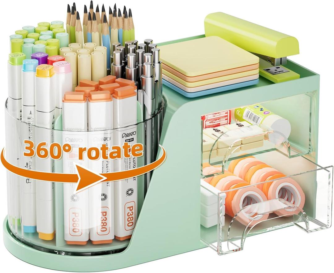 Marbrasse Desk Organizer with 2 Drawer, 360Rotating Pen Holder, Desk Organizers and Accessories with 6 Slots Pencil Holder + 2 Drawer, Art Supply Storage Box Caddy for Office (Green)