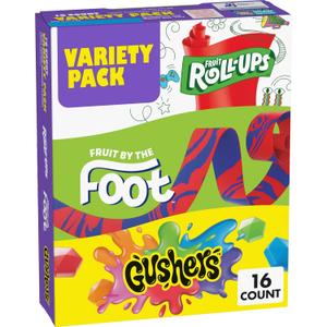 Variety Pack - Fruit by the Foot, Fruit Roll-Ups, Gushers, Fruit Flavored Snacks, Gluten Free Gummy Kids Snack, Good Source of Vitamin C, 16 Individually Wrapped Pouches, Perfect for On The Go, 10.2 oz Box Variety Pack - Fruit by the Foot, Fruit Roll-Ups, Gushers, Fruit Flavored Snacks, Gluten Free Gummy Kids Snack, Good Source of Vitamin C, 16 Individually Wrapped Pouches, Perfect for On The Go, 10.2 oz Box