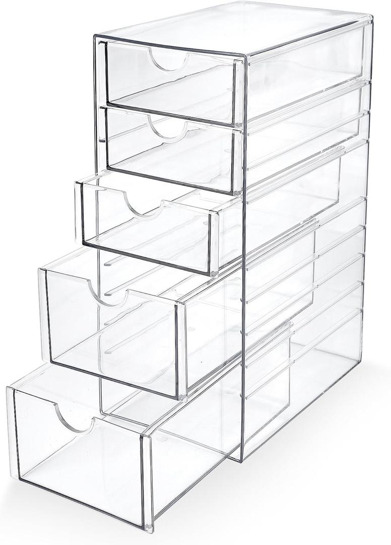 Prsildan Acrylic Drawer Makeup Organizer with 5 Drawers, Hair Accessories Organizer, Office Desk Organization, Clear Stackable Storage Drawers for Vanity, Countertop, Craft, Jewelry
