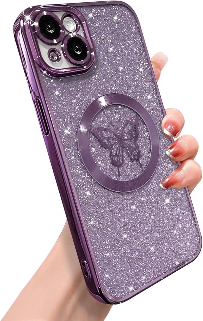 for iPhone 13 Case Magnetic,Soft Cute Luxury Butterfly Pattern Plating Glitter Bling Phone Case Compatible with MagSafe Clear Shockproof Back Cover for Women Girl 6.1"-Purple