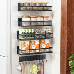 Magnetic Spice Rack for Refrigerator, 5 Pack Magnetic Shelf for Refrigerator, Moveable Fridge Magnetic Spice Racks with 10-Hook Rack for Kitchen Organizers and Storage (Black)