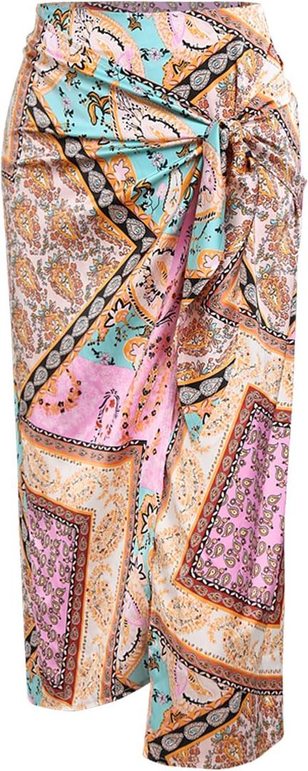 ZAFUL Women's Boho Skirt Asymmetrical Skirts Tied Floral Paisley Printed High Waist Ruched Skirts for Women (XL)