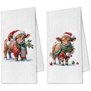 OTOUO Cow Christmas Kitchen Towels, Farmhouse Hand Towels for Bathroom, Dish Tea Towels for Kitchen Decor, 16x24 Inch Set of 2
