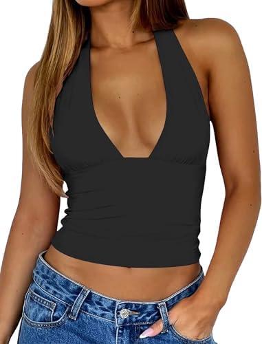 Matunana Womens Halter Tops Going Out Tank Summer Sexy V Neck Crop Top Y2K Sleeveless Tube Shirts Fashion Trendy 2025, Black, L