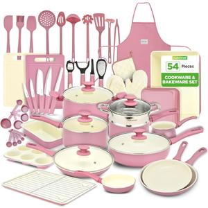 NutriChef 54-Piece Kitchen Cookware Set  Complete Non-Stick Ceramic Pots and Pans Set with Utensils, Bakeware, and Knife Set, Gas, Electric & Induction Compatible, Blush Pink Kitchen Essentials