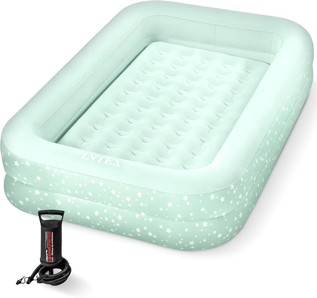 Intex Kids Travel Air Mattress Inflatable Bed with Raised Sides and Hand Pump - Portable Blow-Up Toddler Traveler Bed for Children's Naps or Sleep (Mint Green)
