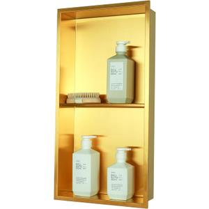 IKITRAEE Non Tile Tube Niche Boxes for Showers,Bathroom Niche Double Shelves,Stainless Steel(Gold, 24 * 12 in)