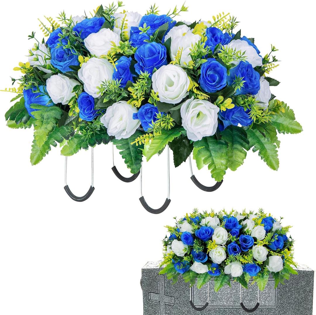 Artificial Cemetery Flowers Saddle for Headstone, Memorial Grave Flowers for Cemetery Outdoor Gravesite Tombstone Headstone Decorations (Blue&White)