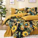Wake In Cloud - Boho Comforter Set, Floral Farmhouse Bohemian Chic Style with Colorful Sunflowers and Birds Pattern, Soft Lightweight Bedding, 3 Pieces, Amber Black, Queen Size