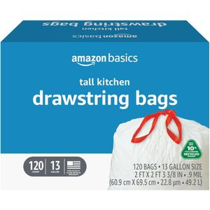 Amazon Basics 13 Gallon Tall Kitchen Drawstring Trash Bags, Unscented, 10% Post Consumer Recycled, 120 Count, White