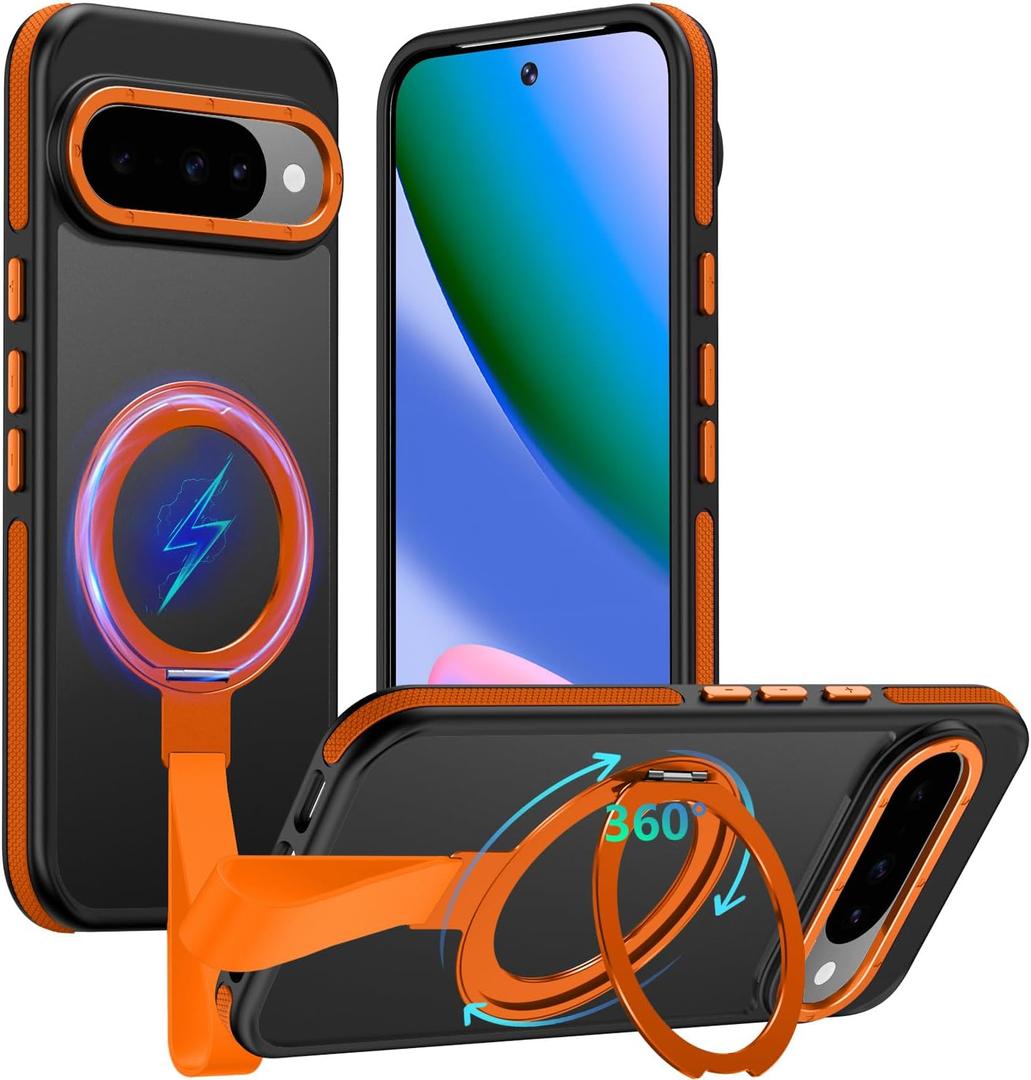 TIANNIUKE for Google Pixel 10 Pro Case/Pixel 10 Case 360Rotatable Magnetic Ring Holder Stand with Silicone Strap, Fit for MagSafe Mil-Grade Shockproof Translucent Matte Phone Cases, Orange