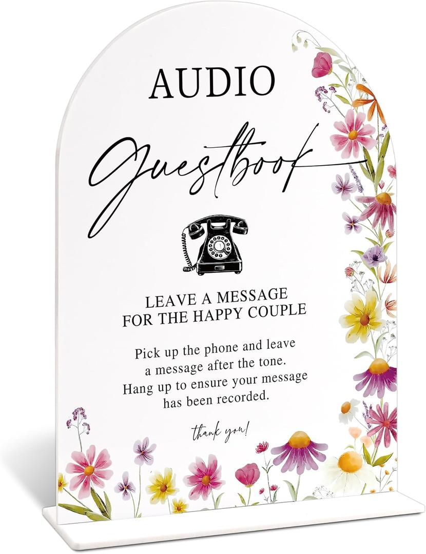 Audio Guest Book Sign for Wedding Table Decor, Wild Flower Arch Acrylic Wedding Signs for Reception, Floral Bridal Shower Engagement Party Decorations for Baby In Bloom Baby Shower, 6x8inch
