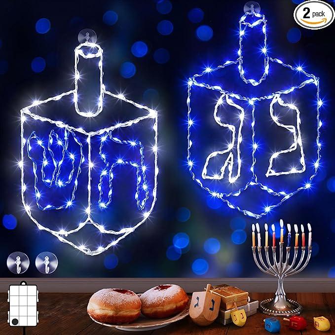 Meonum 2 Pack Hanukkah Decorations Window Lights, 8 Modes Blue White Chanukah LED Silhouette Lights Battery Operated with Timer for Jews Judaism Synagogue Passover Hanukkah Party Decor (Dreidel)