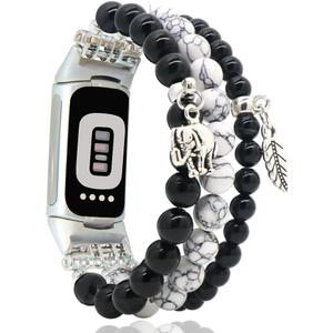 C&L Accessories Compatible with Fitbit Charge 6/5 Natural Gemstone Beaded Handmade Adjustable Bracelet Replacement Band for Women (Black Agate/White)