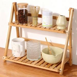 HORIBND Coffee Station Organizer, Matcha Station, Foldable Bamboo Mug Holder for Countertop, Tea & Coffee Bar Accessories, 2 Tier Shelf for Kitchen Counter Organizer, Matcha Stand, Spice Rack